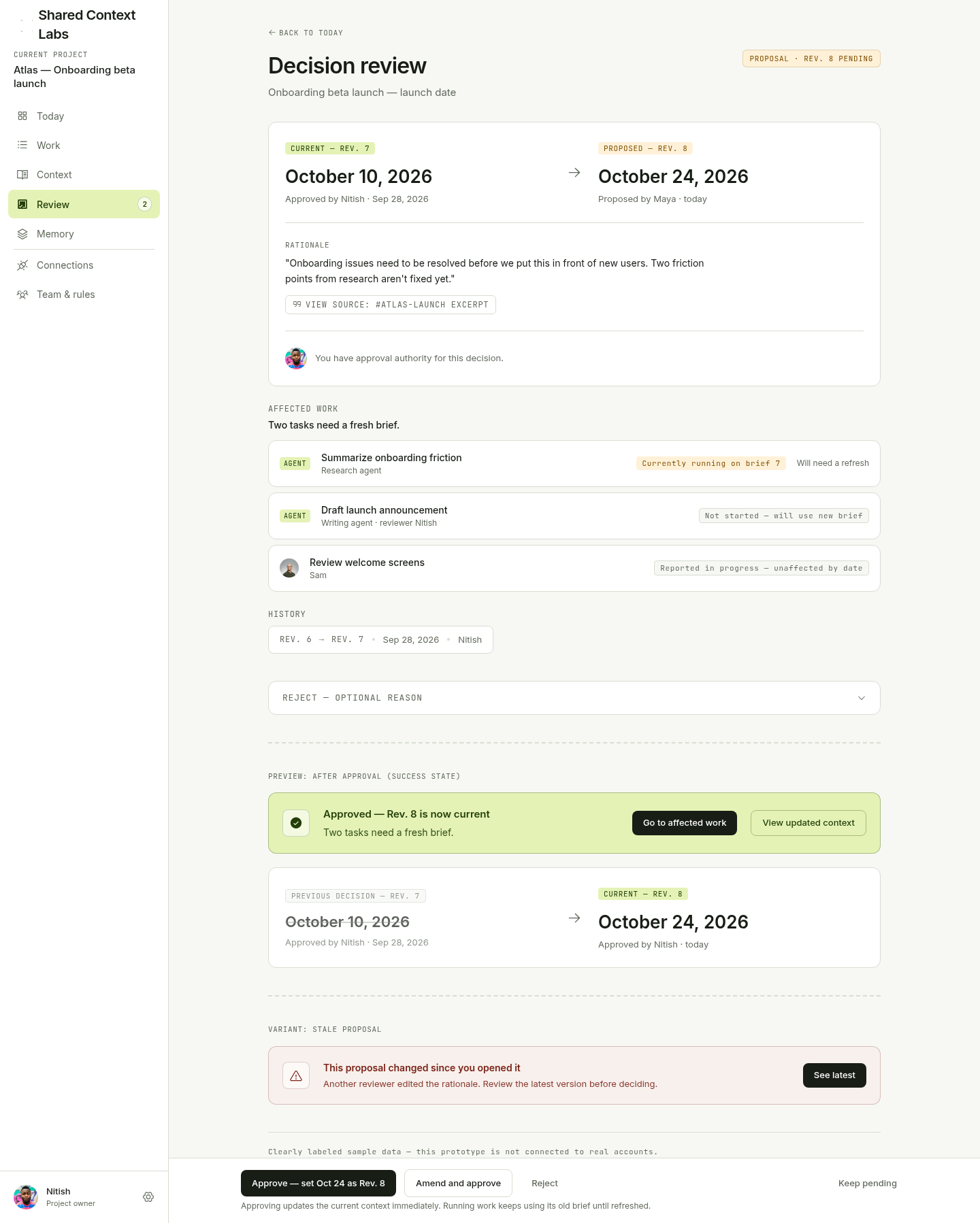 Sample Atlas workspace — Decision review: compare change and approve